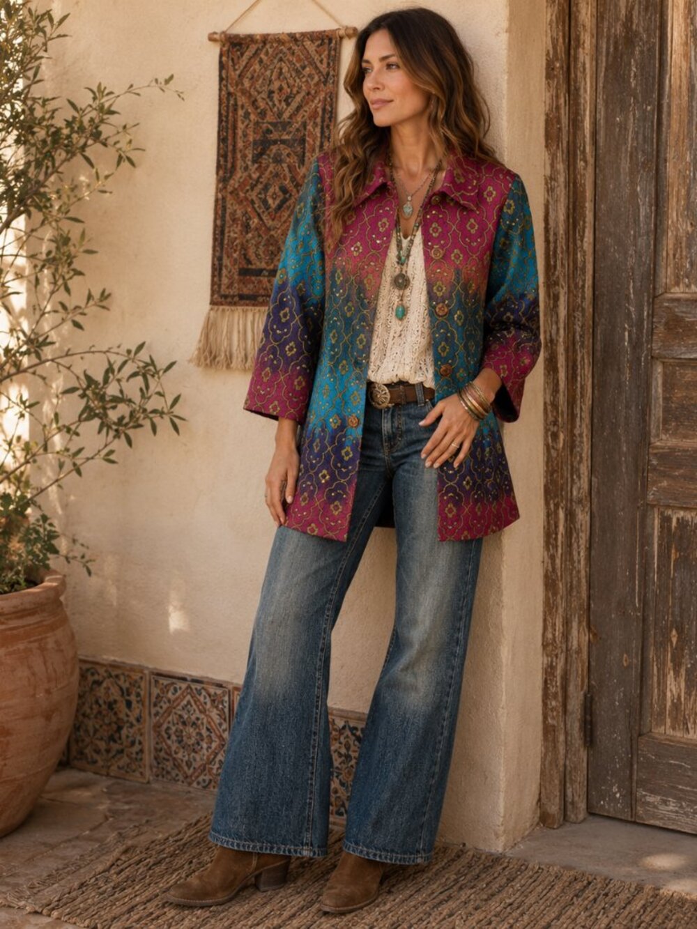 Gaudy Couture Art Coat Womens M Colorful Sequin Boho 3/4 Sleeve Jacket